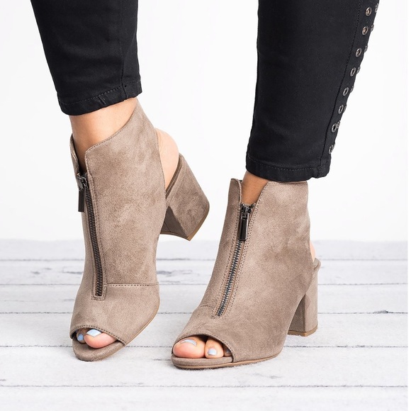 Taupe Peep Toe Open Back Zippered Top Bootie - Picture 2 of 8
